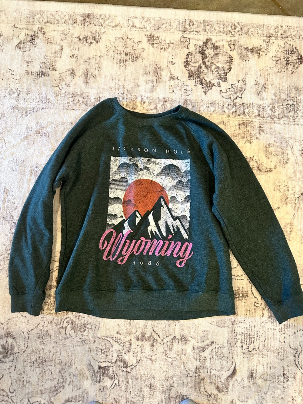 Jackson Hole Wyoming Graphic Sweatshirt - Dark Green with Pink & Orange Print